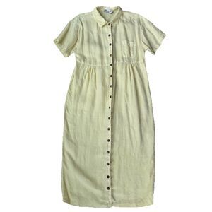Kiko Vintage Button-Down Maxi Length 100% Linen Dress Medium Yellow Lagenlook